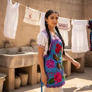 Mexican Embroidered Bib Apron for Women – Multicolor with Floral Design